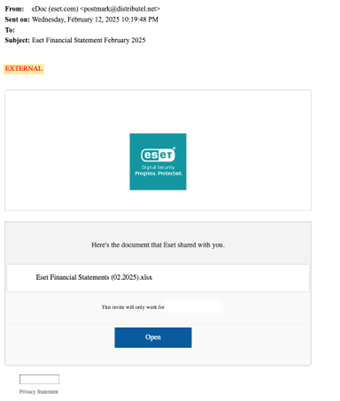Phishing email impersonating ESET.