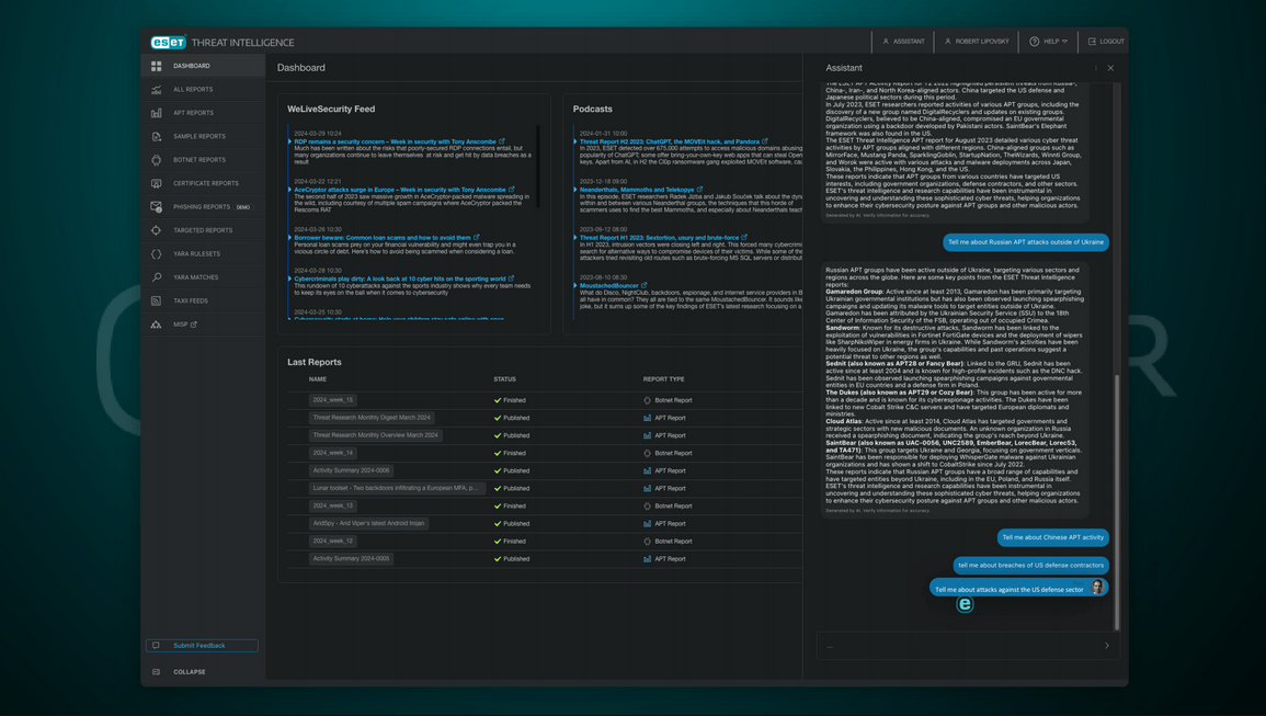The ESET AI Advisor can summarize the most pertinent threat intelligence for your environment ESET AI Advisor in ESET Threat Intelligence