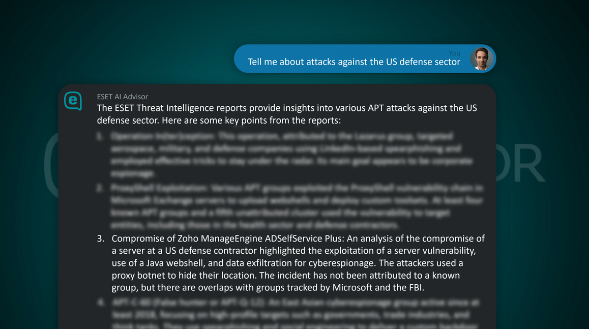 Questioning ESET AI Advisor about APT attacks Closeup of a question for ESET AI Advisor in ESET Threat Intelligence