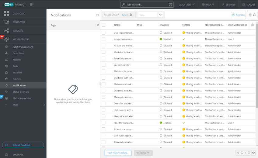 ESET PROTECT’s notification panel, which shows the number of alerts a regular business operation can generate ESET PROTECT alerts list