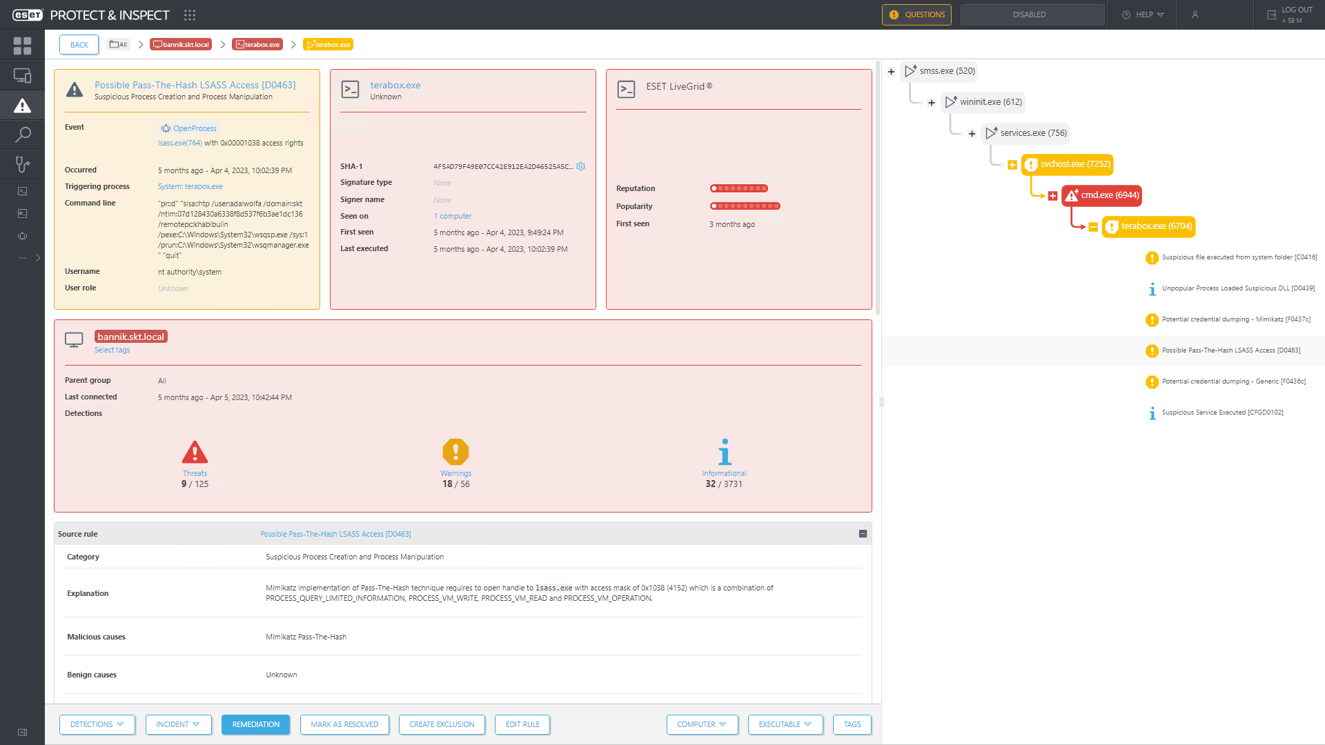 ESET Inspect detecting a suspicious action in a clean, easily readable form ESET Inspect detecting a suspicious action