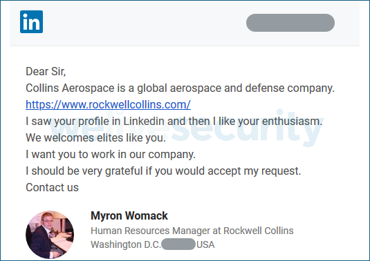 Example of a typical fake job offer sent via LinkedIn