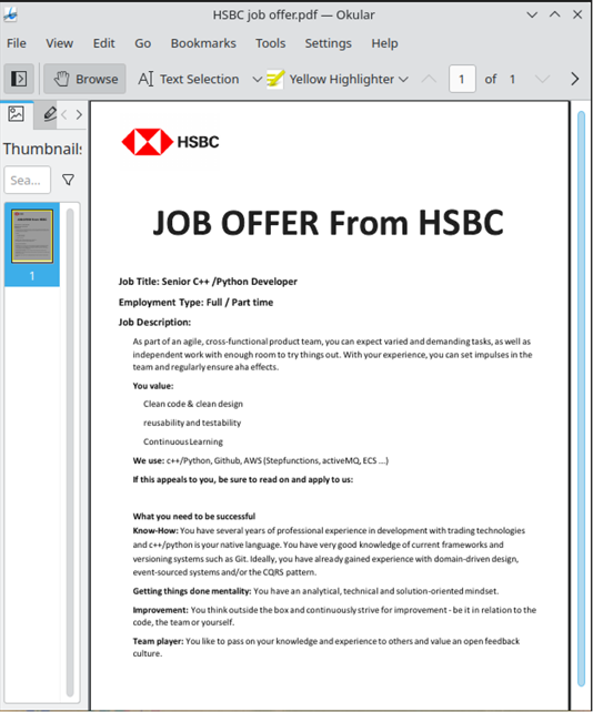 An HSBC-themed lure in the Linux DreamJob campaign