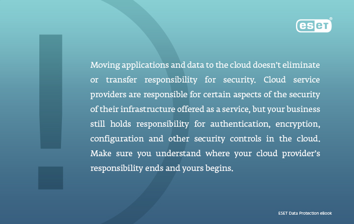 Moving applications and data to the cloud doesn’t eliminate or transfer responsibility for security. Cloud service providers are responsible for certain aspects of the security of their infrastructure offered as a service, but your business still holds responsibility for authentication, encryption, configuration and other security controls in the cloud. Make sure you understand where your cloud provider’s responsibility ends and yours begins. 