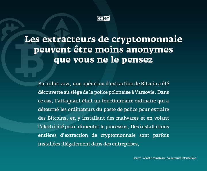 Infobox décrivant la découverte d'une opération de cryptominage Bitcoin au siège de la police polonaise.