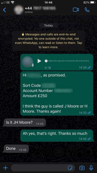 Screenshot showing a fake WhatsApp message