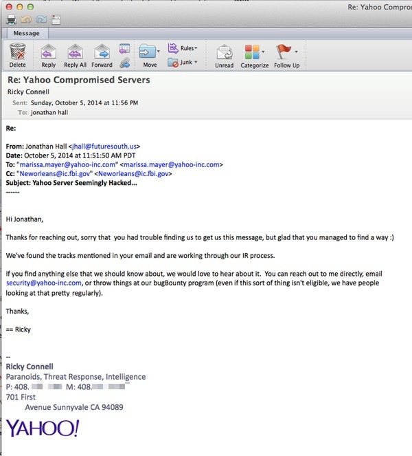 Email response from Yahoo