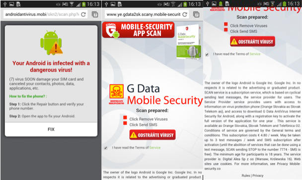 Figures 6-8 Scareware messages and a fake G-Data Mobile Security webpage