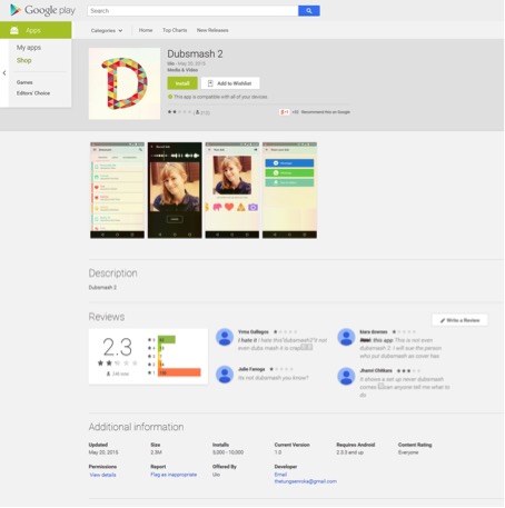 Figure 1 Fake Dubsmash 2 from Google Play – available between May 20 and May 22