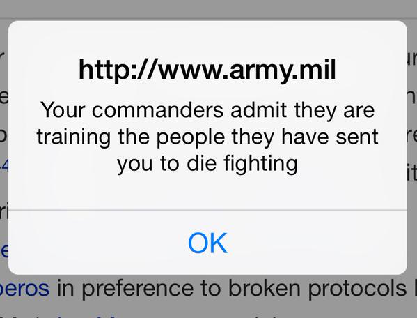 Message displayed on US Army website