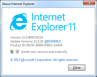 Figure 2: Example of Internet Explorer 11 version dialog from within Windows 7