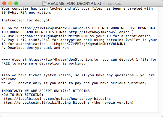 Figure 6 - The ransom demand text created by OSX/Filecoder.KeRanger.A Trojan