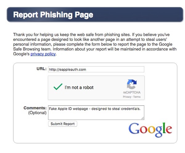 Report phishing page