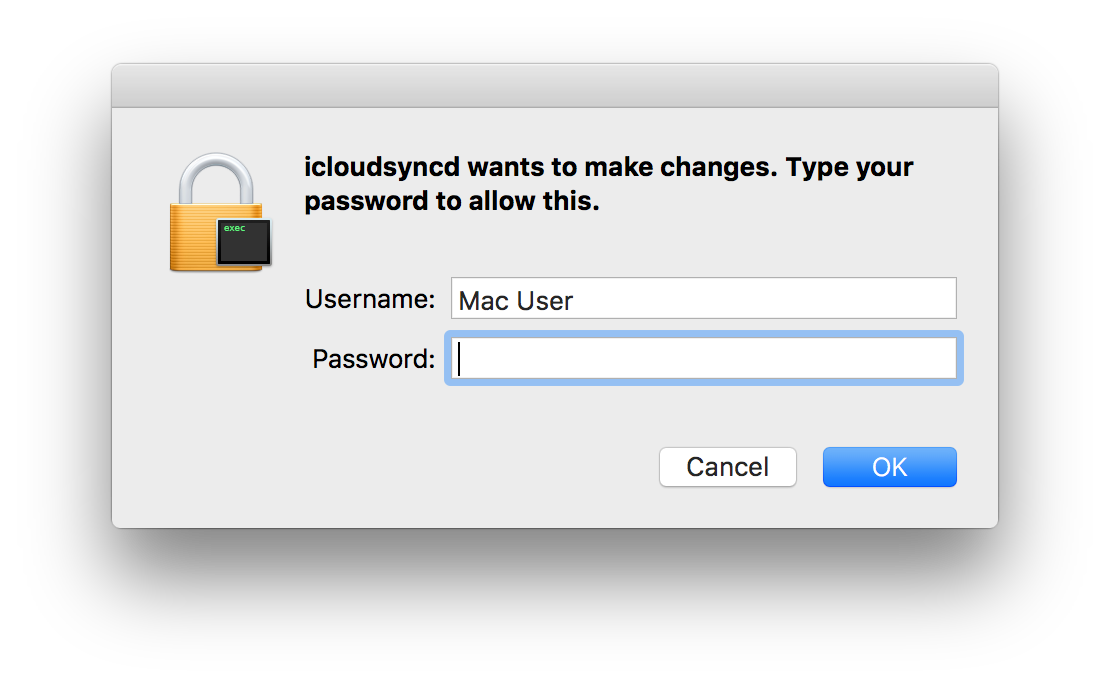 Figure 13: icloudsyncd requesting privileges