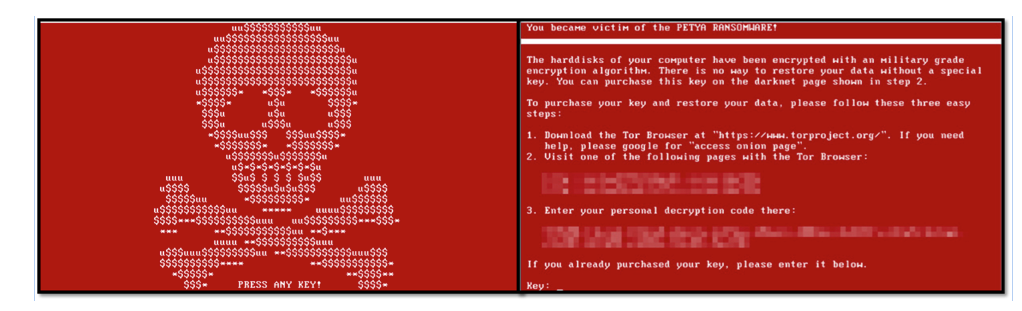 Figure 5: Petya skull screen and the ransom screen shown after pressing a key