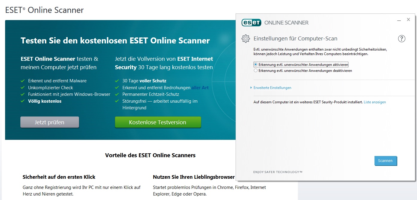 ESET Online Scanner Einstellungen für Computer-Scan