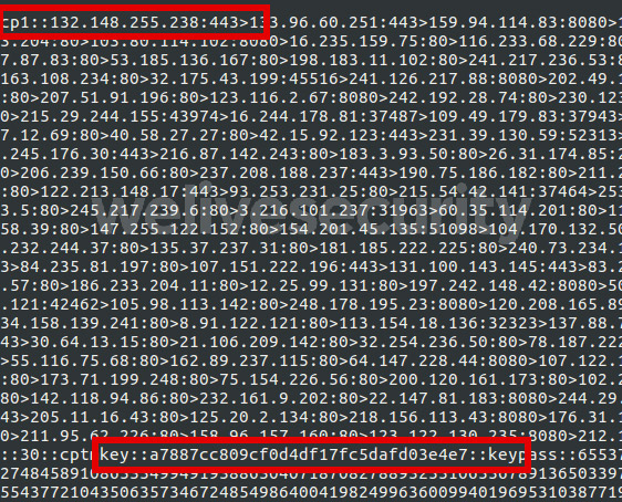 Entschlüsselte statische Konfigurationsdatei von Kovter, die den Abschnitt IP-Adressen der C&C-Server der ersten Ebene („cp1“) und den Schlüsselabschnitt RC4 („key“) zeigt.