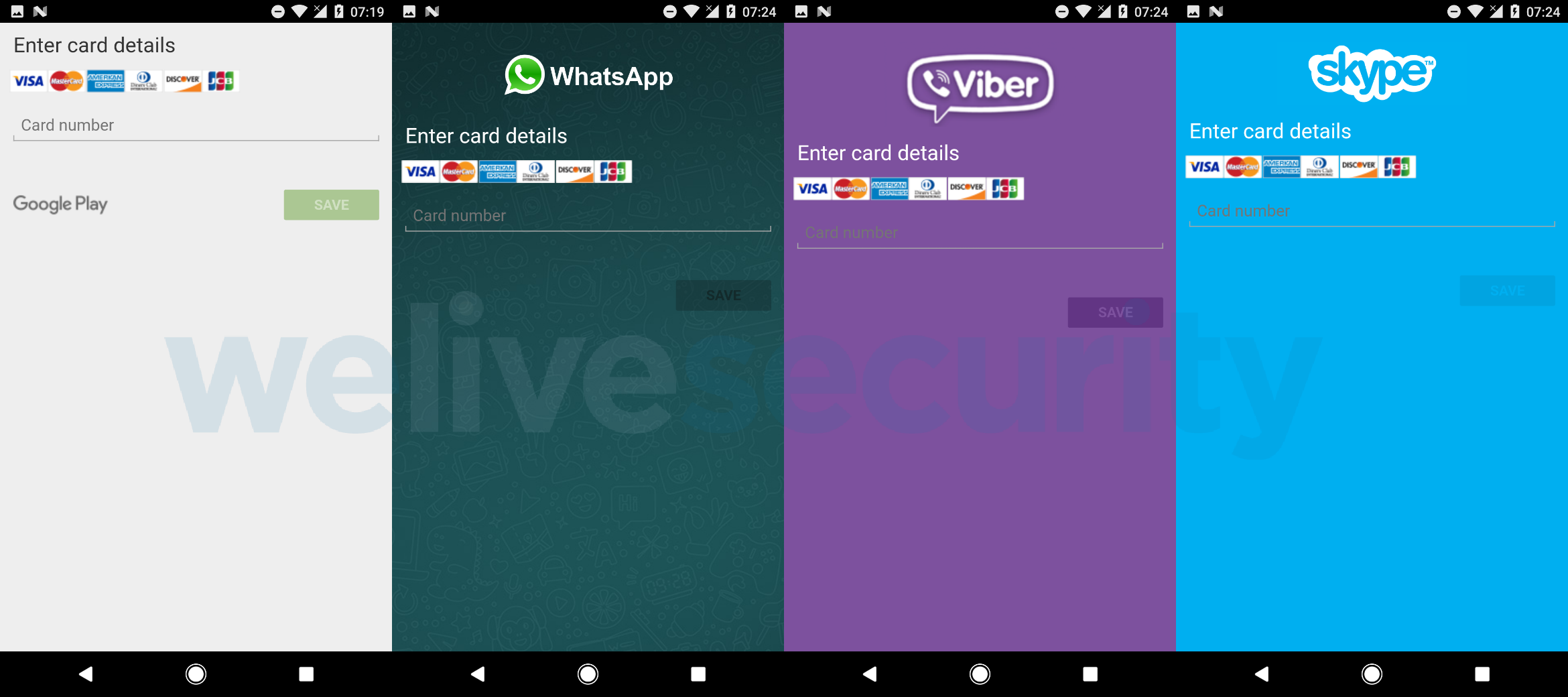 Overlay-Screens für Google Play, WhatsApp, Viber und Skype fragen nach Kreditkartendaten.