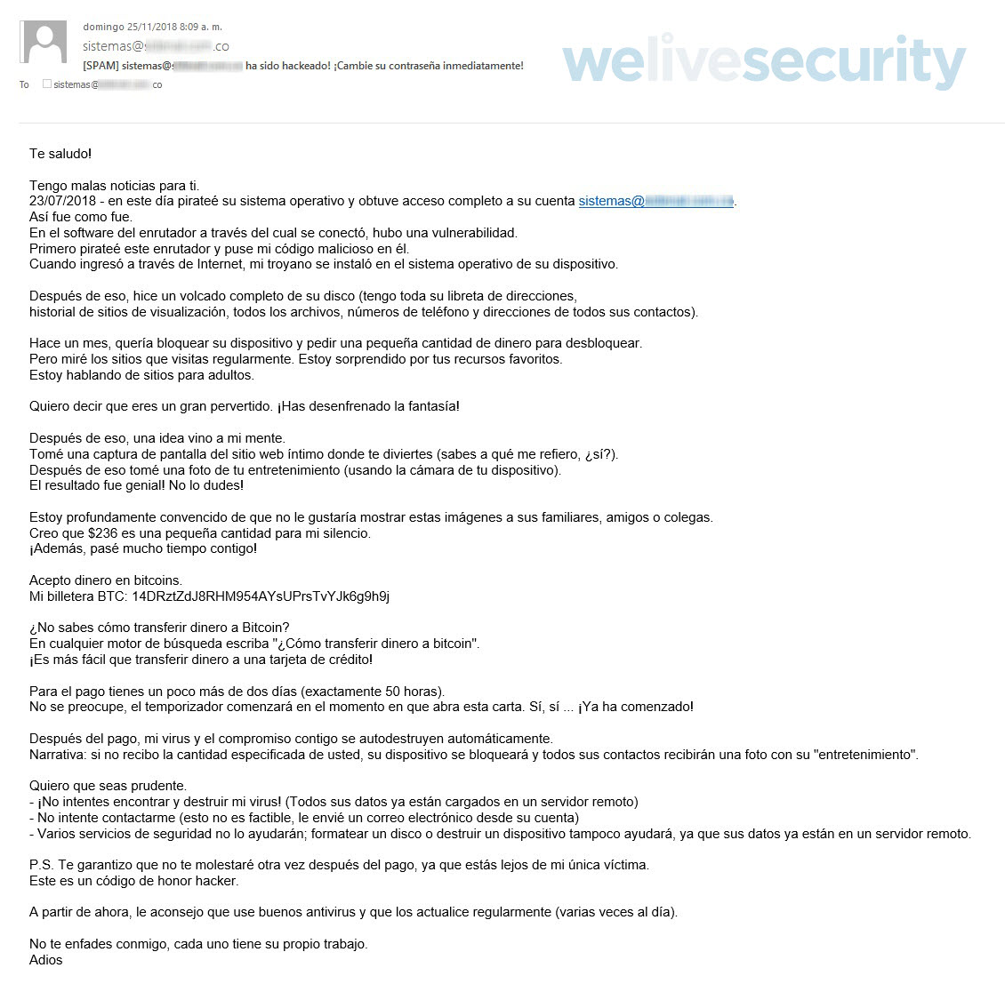 Continúan las campañas de sextorsión a través del correo