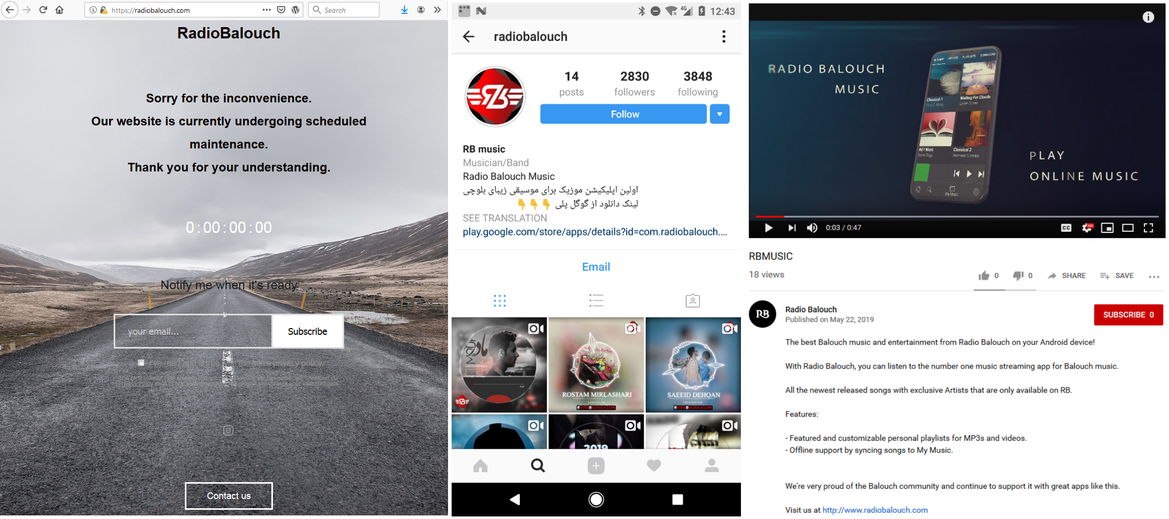 Abbildung 2: Die Radio Balouch Webseite (links), der Instagram Account (Mitte) und das YouTube-„Werbevideo“ 