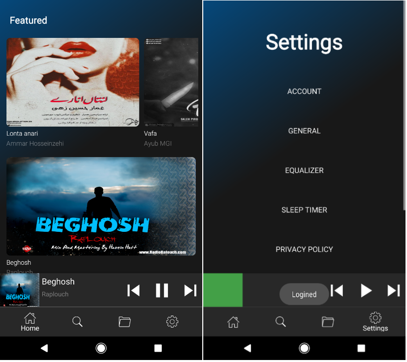 Abbildung 4: Homescreen (links) und Einstellungen (rechts) der Radio Balouch App