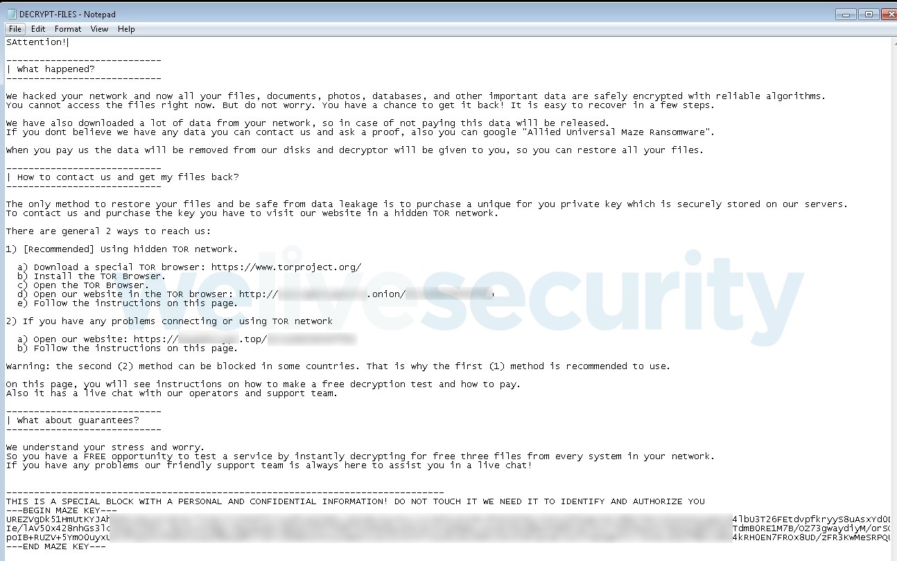 Maze ransomware – ransom note