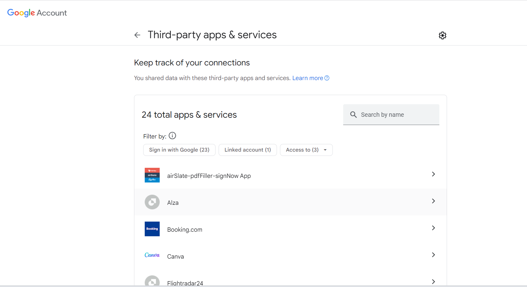 Figure 4. Managing third-party apps and SSO authorizations on Google