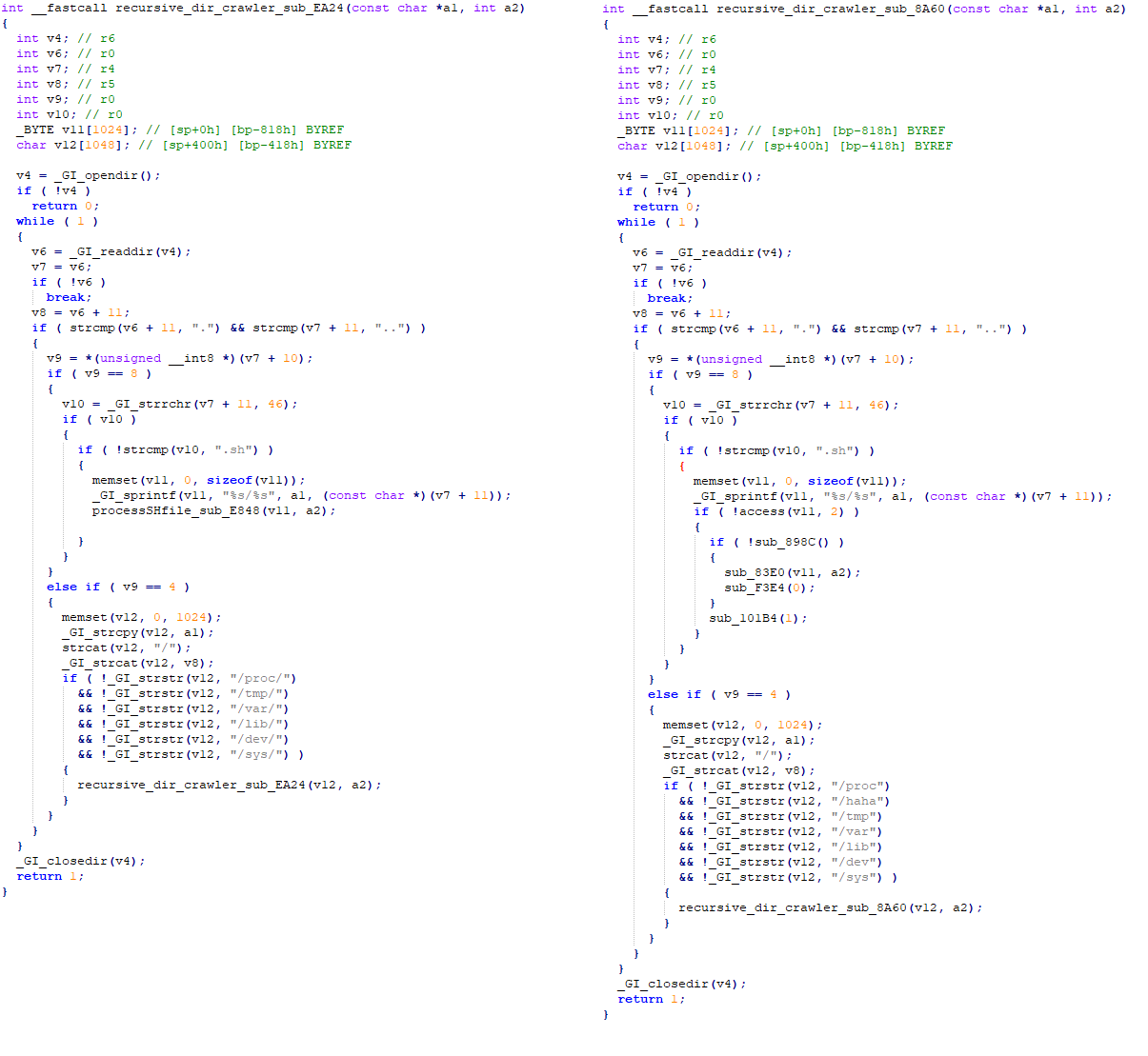Figure 2 Extraits de code de l'échantillon Mozi original (à gauche) par rapport à l'échantillon kill switch vu en 2023 (à droite)