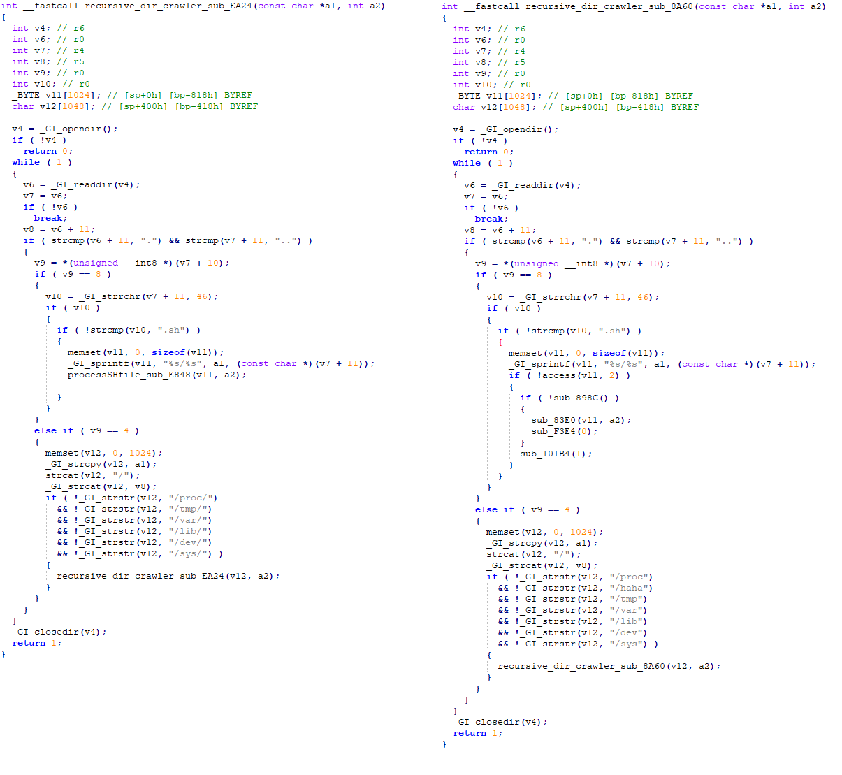 Figure 2 Code snippets from the original Mozi sample (left) versus the kill switch sample seen in 2023 (right)