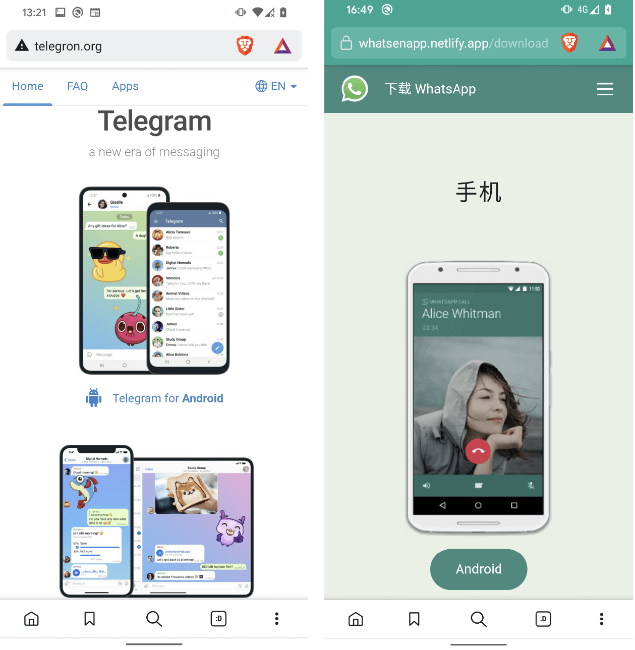 Figure 1. Websites mimicking Telegram and WhatsApp