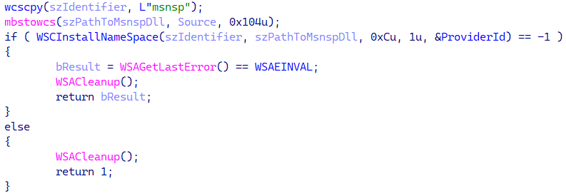 Figure 14. Code that installs a malicious Winsock namespace provider