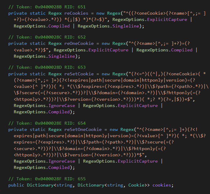 Figure 10. Different regexes to handle various combinations of attribute-value pairs in cookies