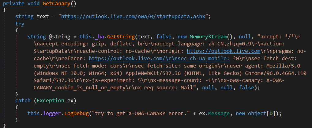 Figure 13. Code to get the X-OWA-CANARY cookie