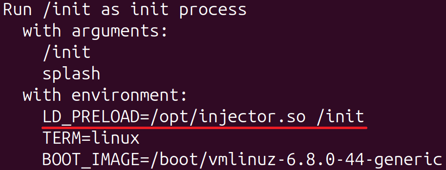 Figure 11. init process arguments and environment variables in dmesg output