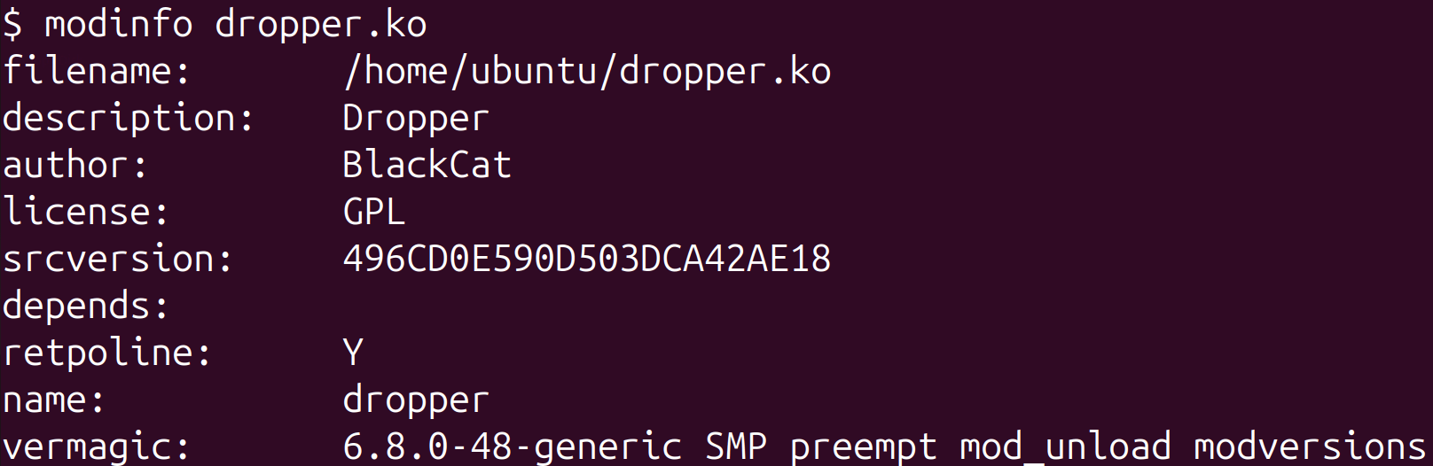 Figure 13. Dropper module information