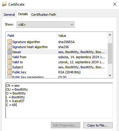 Figure 5. Self-signed certificate used to sign the bootkit