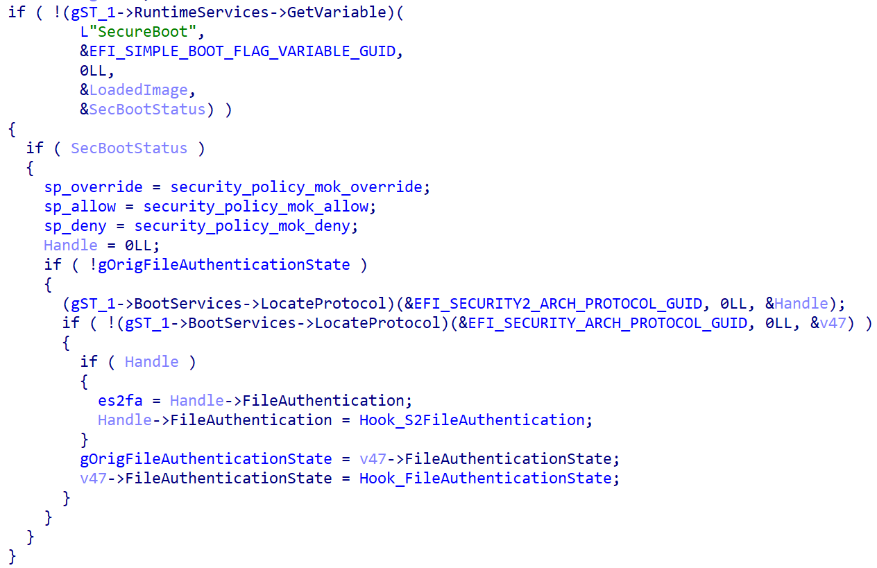 Figure 7. Hooking of the UEFI security authentication protocols