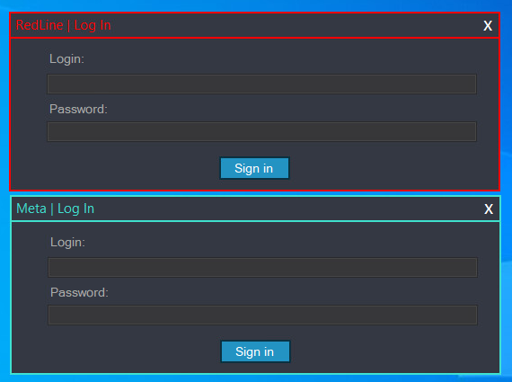 Figure 22. Panel login prompts for RedLine (top) and META (below)