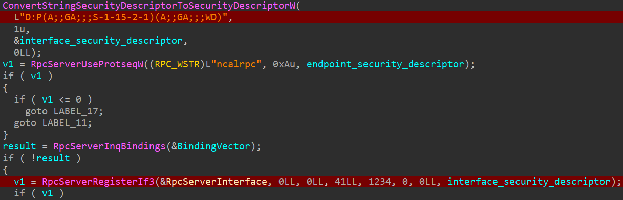 Figure 16. Permissive security descriptor applied to the RPC interface