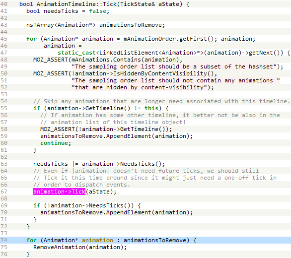 Figure 5. In AnimationTimeline::Tick, animation objects to be removed are appended to local array variable animationsToRemove