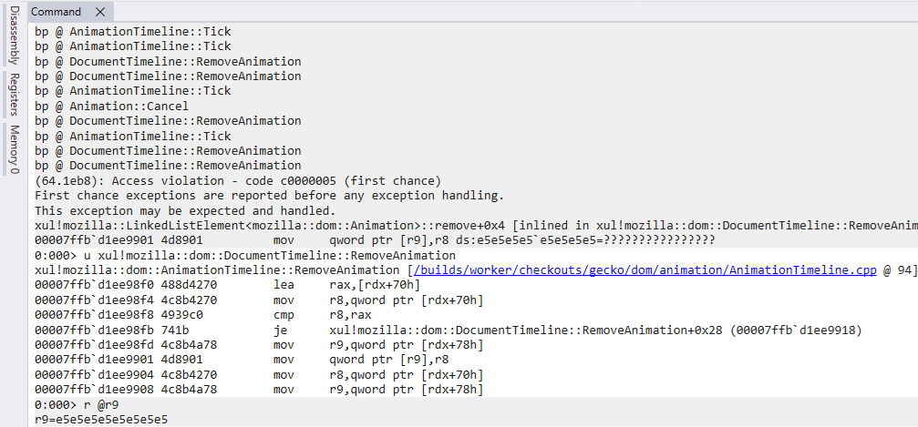 Figure 8. Call stack of the crash in AnimationTimeline RemoveAnimation