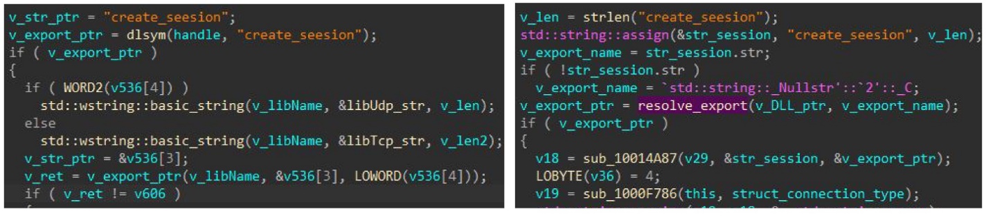 Figure 1. Accessing the create_seesion export in Linux and Windows versions of backdoor