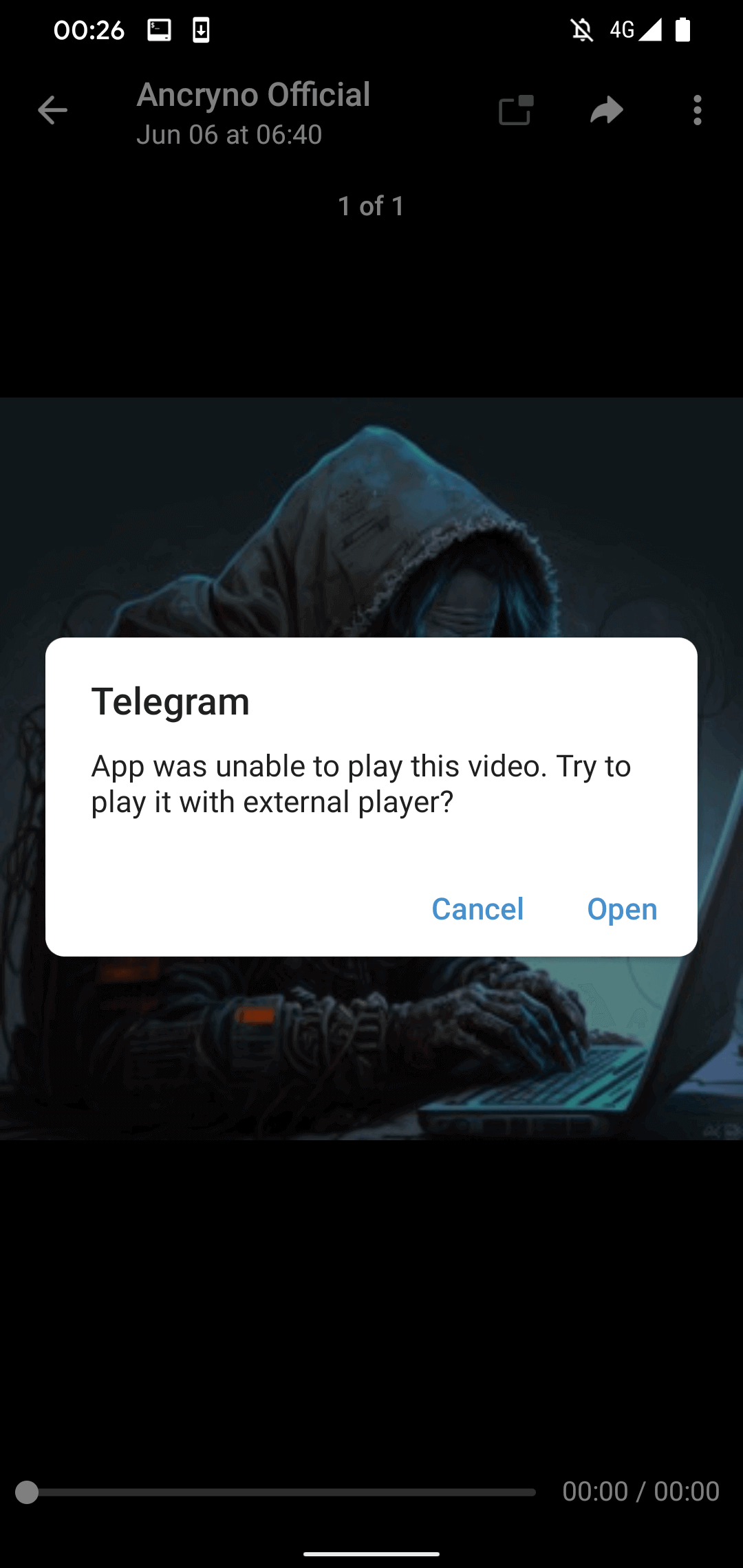 Figure 4. Telegram warning that it can’t play the “video”