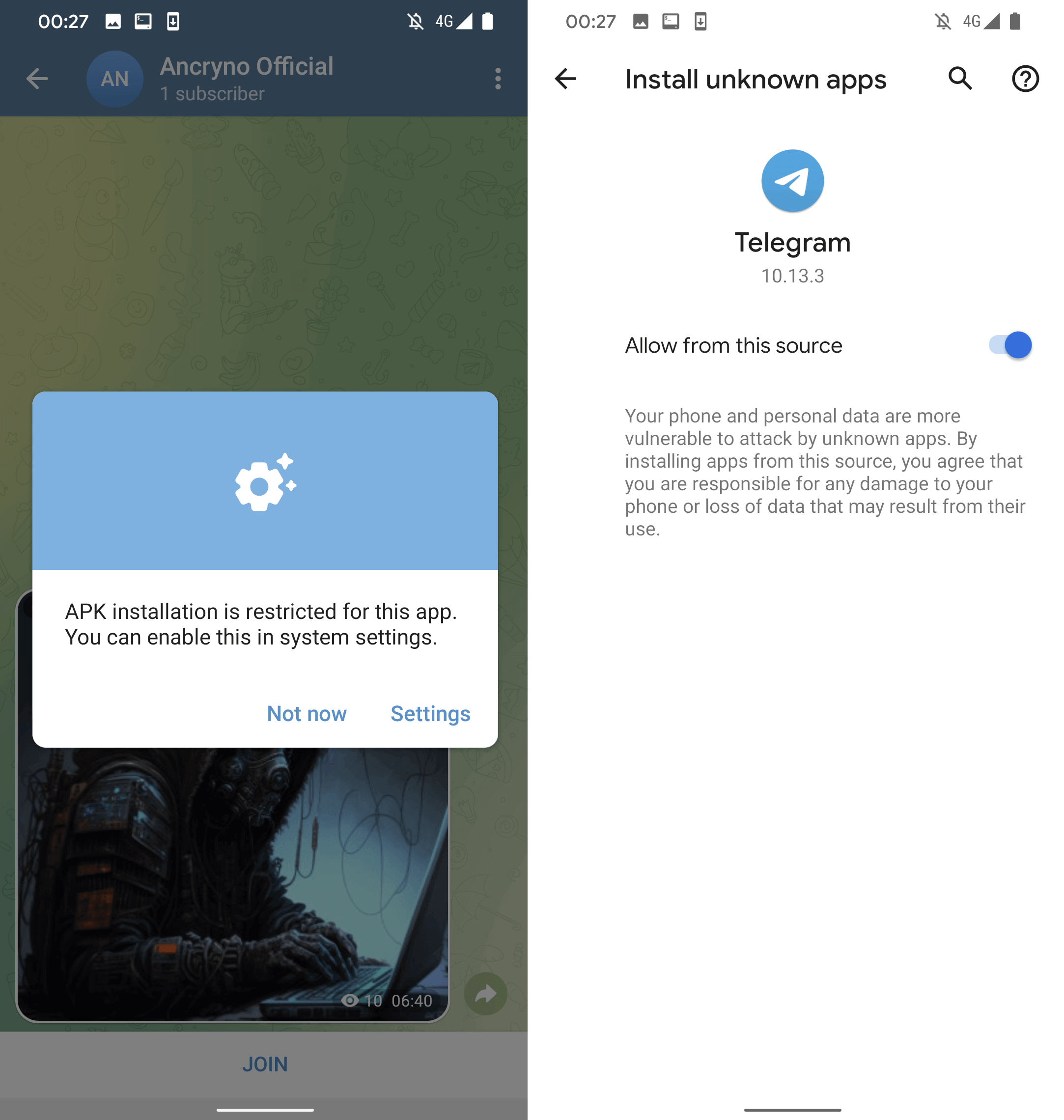Figure 5. Telegram requests the user to allow it to install unknown apps