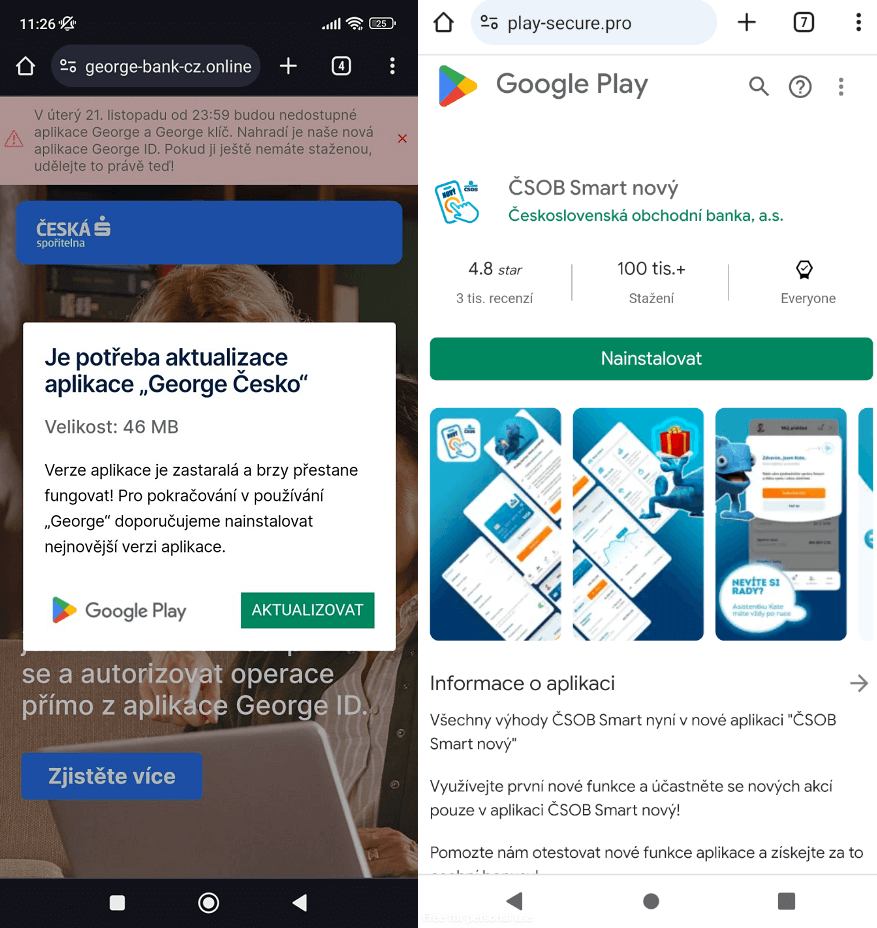 Figure 1. Fake banking website (left) and fake Google Play website (right)